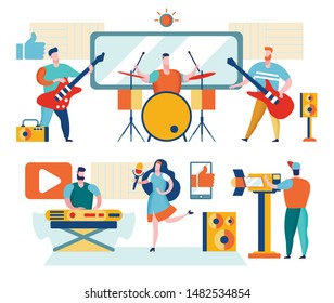 Musicians and Singers Play Music. Video Bloggers. Online Music in Mobile Phone. Youtube Video Recording. Content Creators. Young Vloggers. Blog Management. Getting Money with Youtube. Vector EPS 10.