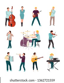 Musicians and singers vector characters set. Cartoon man, woman. Music and singing art. Cello, guitar, drums, synthesiser. Orchestra, rock band, soloist, jazz players with musical instruments