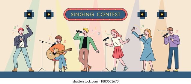 Musicians singing in a singing contest. Characters playing guitar or dancing and singing in various poses. flat design style minimal vector illustration.