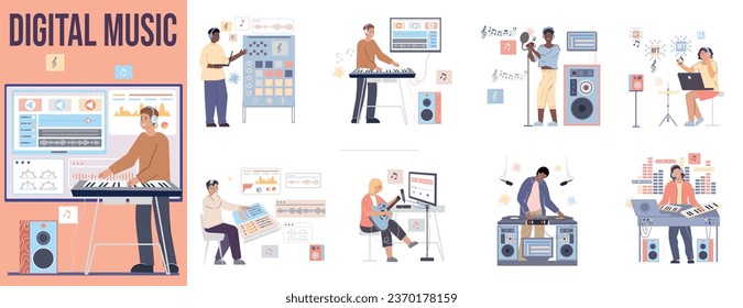 Musicians and sound engineers creating digital music in studio flat composition set isolated vector illustration svg