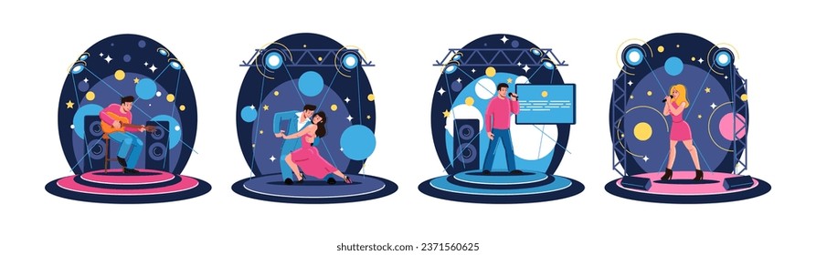 Musicians at stage. Sing show. Talent dance performance. Singer man with microphone in karaoke. Song festival. Woman music performer. Dancers couple. Vector cartoon artist characters set