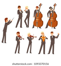 Musicians of symphonic orchestra and conductor, people playing various musical instruments vector Illustration on a white background