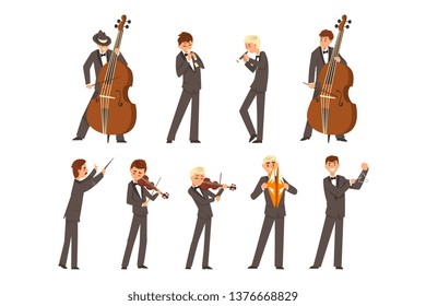 Musicians of symphonic orchestra and conductor, people playing various musical instruments vector Illustration on a white background