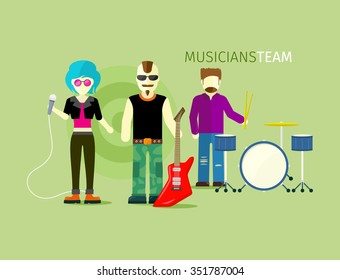 Musicians team people group flat style. Music and singer, artist and musical instruments, concert and instrument guitar, rock playing, stage and guitarist illustration