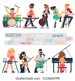 Musicians with their musical instruments set. Color vector illustrations