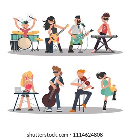 Musicians with their musical instruments set. Color vector illustrations