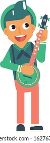 Musicians Vector - An Illustration Of Young Boy Playing Country Instrument It Is Call Banjo. Colorful vector illustration, this illustration can use as a sticker also.