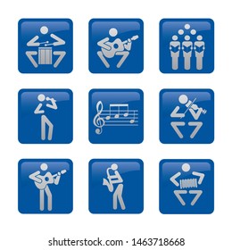 Musicians web icons, buttons. Set of nine blue web icons with musicians. Isolated on white background. Vector available.