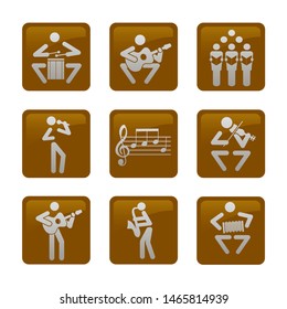 Musicians web icons, buttons.
Set of nine brown web icons with musicians. Isolated on white background. Vector availab
