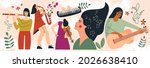Musicians women playing musical instruments web banner. Clipart of girls performer with music instruments. Female band concert performance. Festival, party and event. Flat vector cartoon illustration