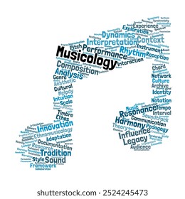 Musicologia Word Cloud. Composição das palavras relacionadas com a teoria musical, história e influência cultural. Plano de Fundo Isolado.