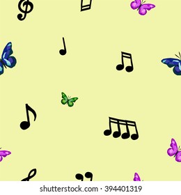 Musics with butterflies on the yellow background 