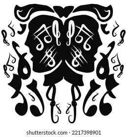 Music-themed Human Face Tattoo Design With Musical Notes Pattern, Suitable For Design On T-shirts, Hats Or Pants