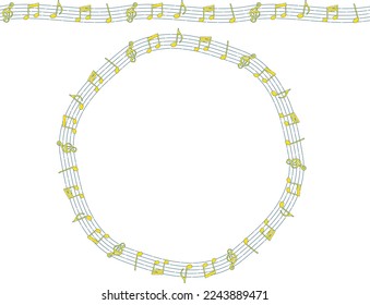 Musikalischer Rahmen mit Dreifarben und Notensymbolen mit blauen und gelben gestrichelten Linien