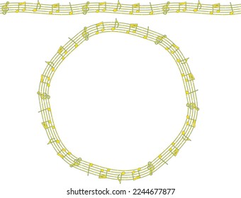 Music-themed staff frame with treble clef and musical note symbols drawn with blue and yellow dashed lines