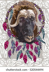 Musk ox Ethnic illustration, tribal amulet. American Indians traditional symbol. Vector design animal element. Indian Dream catcher. Hand drawn souvenir.