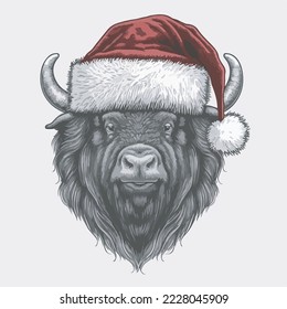 Musk Ox Santa Hat Vector Illustration Tshirt Design Logo Icon Christmas Greeting Card