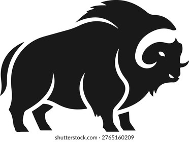 Musk Ox Silhouette Vector Illustration - Arctic Animal Icon Isolated on White Background - Bison or Buffalo Style Logo Design