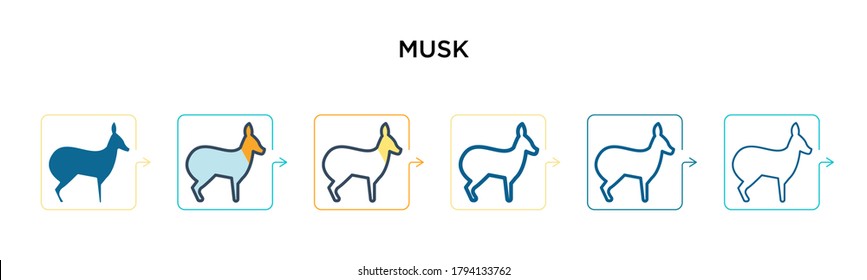 Musk vector icon in 6 different modern styles. Black, two colored musk icons designed in filled, outline, line and stroke style. Vector illustration can be used for web, mobile, ui