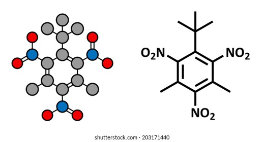 Musk xylene molecule. Highly persistent and bioaccumulative pollutant used as a synthetic musk fragrance. Stylized 2D rendering and conventional skeletal formula.