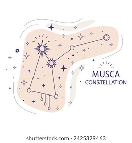 Muska or fly constellation of stars on a white background. Mystical esoteric celestial boho design for fabric design, tarot, astrology, wrapping paper. Vector illustration.