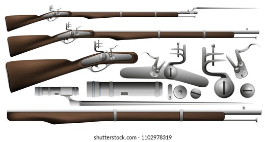 A Musket With A Bayonet. Illustration Of An Old Gun. Part Of The Weapon. Vector EPS 10.