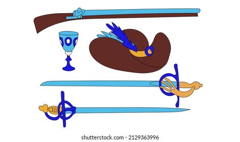 Musket, a musketeer hat, vintage swords and a vintage glass are isolated on a white background. Vector illustration in a hand-drawn style. Elements of a musketeer costume in the style of doodles