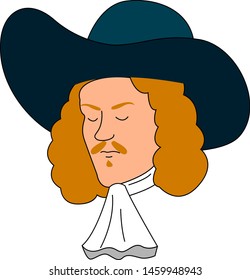 Musketeer with blue hat, illustration, vector on white background.