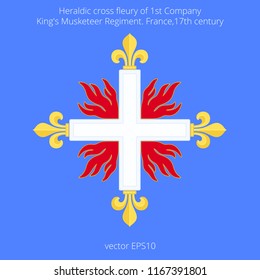 Musketeer cross with fleurs-de-lis and flames. Heraldic symbol of first company of French King's guard. Simple shapes are corresponds to historical reference. Flat vector template for costume designs.