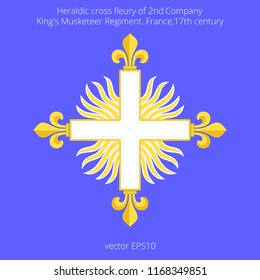 Musketeer cross with fleurs-de-lis over sun in splendour. Heraldic symbol of 2nd company of French King's guard. Shapes are based on historical references. Flat vector template for costume designs.