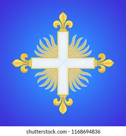 Musketeer Cross fleury. 2nd company sign. Guard of Louis XIV of France aka Sun King. White cross with gold fleurs-de-lis over sun in splendour. Design is based on museum references. Vector embroidery.