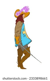 Musketeer, drawing in vector. Sword, hat, boots. Historical costume, retro fashion. Warrior, guard of France.