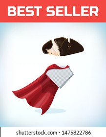 Musketeer hat with feather. Vintage pirate hat. Masquerade costume headdress. Carnival or Halloween mask. Cartoon Vector illustration. Red cape