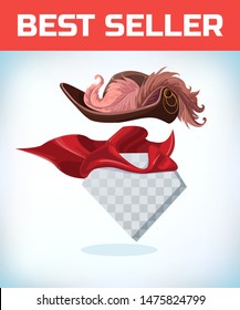 Musketeer hat with feather. Vintage pirate hat. Masquerade costume headdress. Carnival or Halloween mask. Cartoon Vector illustration. Red cape