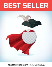Musketeer hat with feather. Vintage pirate hat. Masquerade costume headdress. Carnival or Halloween mask. Cartoon Vector illustration. Red cape