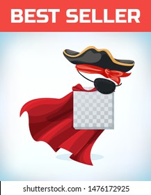 Musketeer hat with feather. Vintage pirate hat. Masquerade costume headdress. Carnival or Halloween mask. Cartoon Vector illustration. Red cape