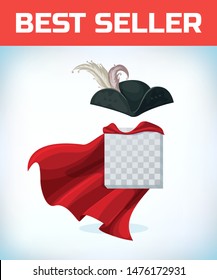 Musketeer hat with feather. Vintage pirate hat. Masquerade costume headdress. Carnival or Halloween mask. Cartoon Vector illustration. Red cape
