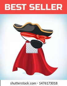 Musketeer hat with feather. Vintage pirate hat. Masquerade costume headdress. Carnival or Halloween mask. Cartoon Vector illustration. Red cape