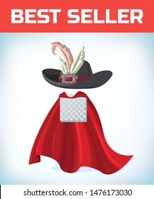 Musketeer hat with feather. Vintage pirate hat. Masquerade costume headdress. Carnival or Halloween mask. Cartoon Vector illustration. Red cape