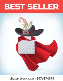 Musketeer hat with feather. Vintage pirate hat. Masquerade costume headdress. Carnival or Halloween mask. Cartoon Vector illustration. Red cape