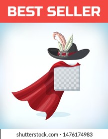 Musketeer hat with feather. Vintage pirate hat. Masquerade costume headdress. Carnival or Halloween mask. Cartoon Vector illustration. Red cape