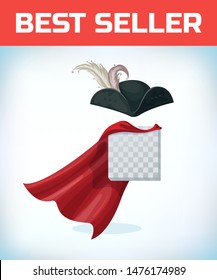 Musketeer hat with feather. Vintage pirate hat. Masquerade costume headdress. Carnival or Halloween mask. Cartoon Vector illustration. Red cape