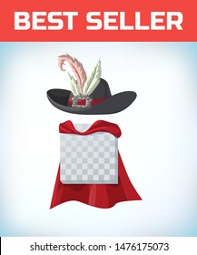 Musketeer hat with feather. Vintage pirate hat. Masquerade costume headdress. Carnival or Halloween mask. Cartoon Vector illustration. Red cape