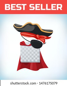 Musketeer hat with feather. Vintage pirate hat. Masquerade costume headdress. Carnival or Halloween mask. Cartoon Vector illustration. Red cape