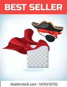 Musketeer hat with feather. Vintage pirate hat. Masquerade costume headdress. Carnival or Halloween mask. Cartoon Vector illustration. Red cape