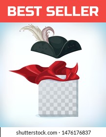 Musketeer hat with feather. Vintage pirate hat. Masquerade costume headdress. Carnival or Halloween mask. Cartoon Vector illustration. Red cape
