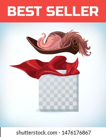 Musketeer hat with feather. Vintage pirate hat. Masquerade costume headdress. Carnival or Halloween mask. Cartoon Vector illustration. Red cape