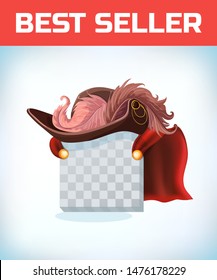 Musketeer hat with feather. Vintage pirate hat. Masquerade costume headdress. Carnival or Halloween mask. Cartoon Vector illustration. Red cape