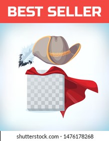 Musketeer hat with feather. Vintage pirate hat. Masquerade costume headdress. Carnival or Halloween mask. Cartoon Vector illustration. Red cape