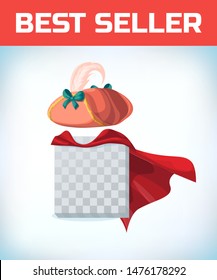 Musketeer hat with feather. Vintage pirate hat. Masquerade costume headdress. Carnival or Halloween mask. Cartoon Vector illustration. Red cape